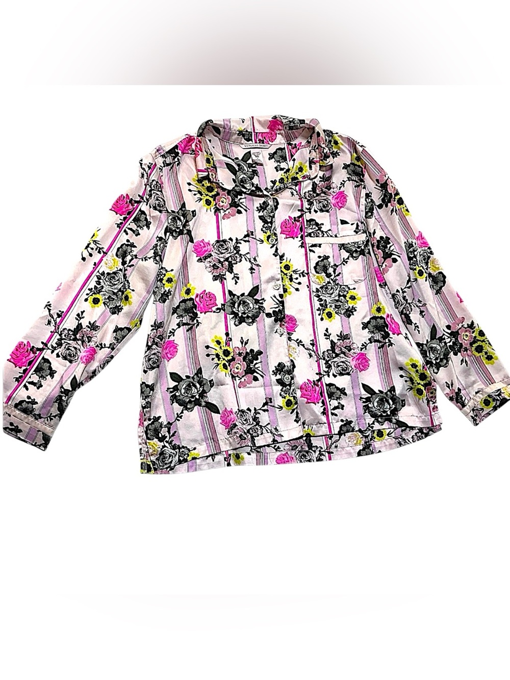 Victoria's Secret satin pink striped floral button up pajama top size medium